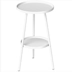 White two-tier round metal garden table with three legs and lower shelf