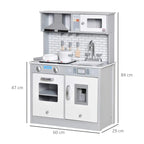 Kids wooden toy kitchen playset in grey with brick-pattern backsplash and stovetop