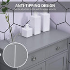 Grey freestanding bathroom cabinet with tabletop, two drawers, and metal door handles