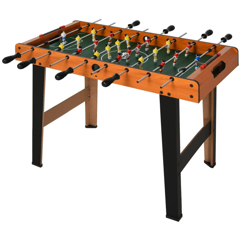 Wooden foosball table with 8 rods, player figures, and black handle grips