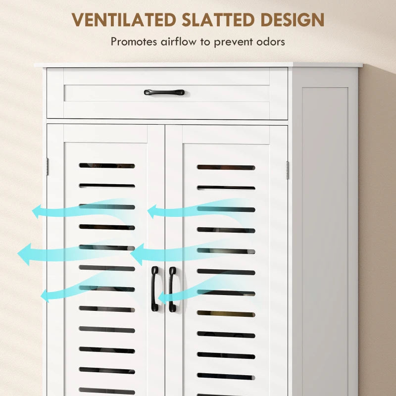 White shoe cabinet doors with ventilated slatted louvers for airflow