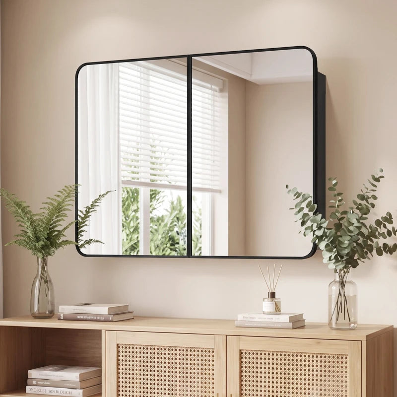 Black double-door bathroom mirror cabinet with rounded corners mounted above vanity