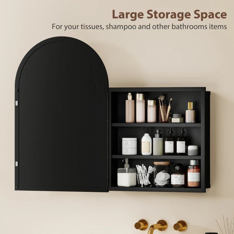 Black arched bathroom mirror cabinet with open door and organized interior shelves