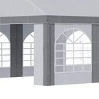 Close-up of light grey marquee gazebo side panel with white arched window opening