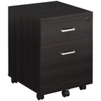 Locking office filing cabinet with two drawers, dark wood-grain finish and metal handles