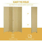 Brown folding privacy screen divider shown folded for storage, 4 woven panels