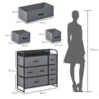 Grey fabric drawer dresser with foldable drawers, shown with size guide silhouette
