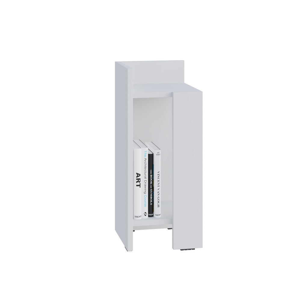 White narrow left bedside table module with front open shelf and side compartments