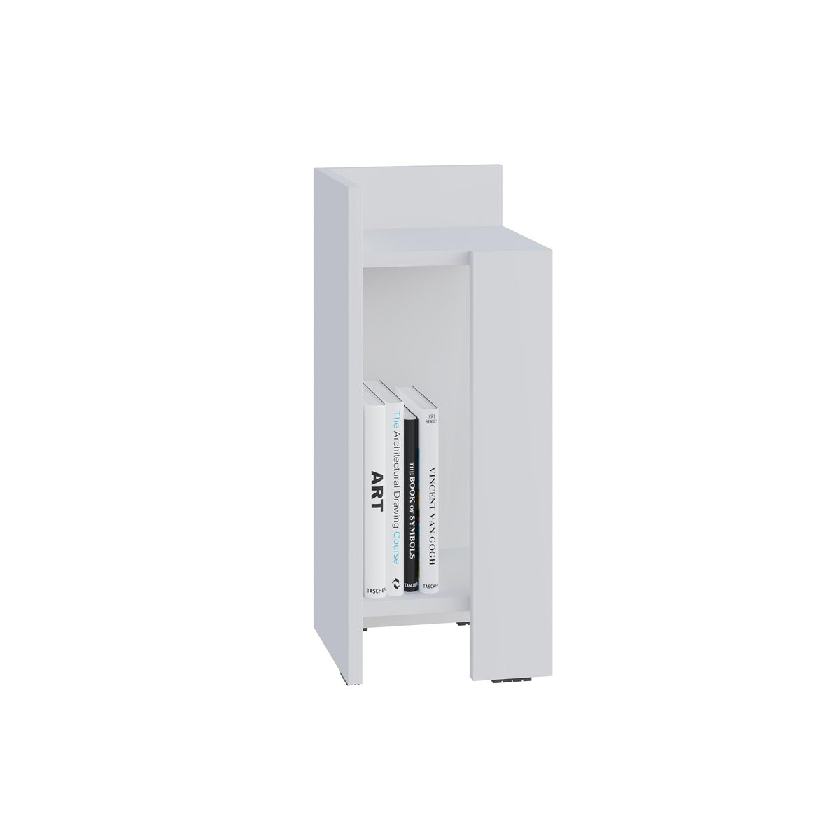 White narrow left bedside table module with front open shelf and side compartments