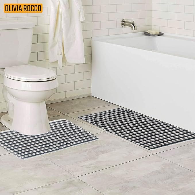 2 Piece Amalfi Super Soft Absorbent Bath Mat Set Jumbo Plush Cotton Pedestal Bath Rug with Modern Design for Bathroom