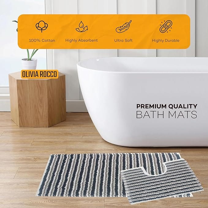 2 Piece Amalfi Super Soft Absorbent Bath Mat Set Jumbo Plush Cotton Pedestal Bath Rug with Modern Design for Bathroom