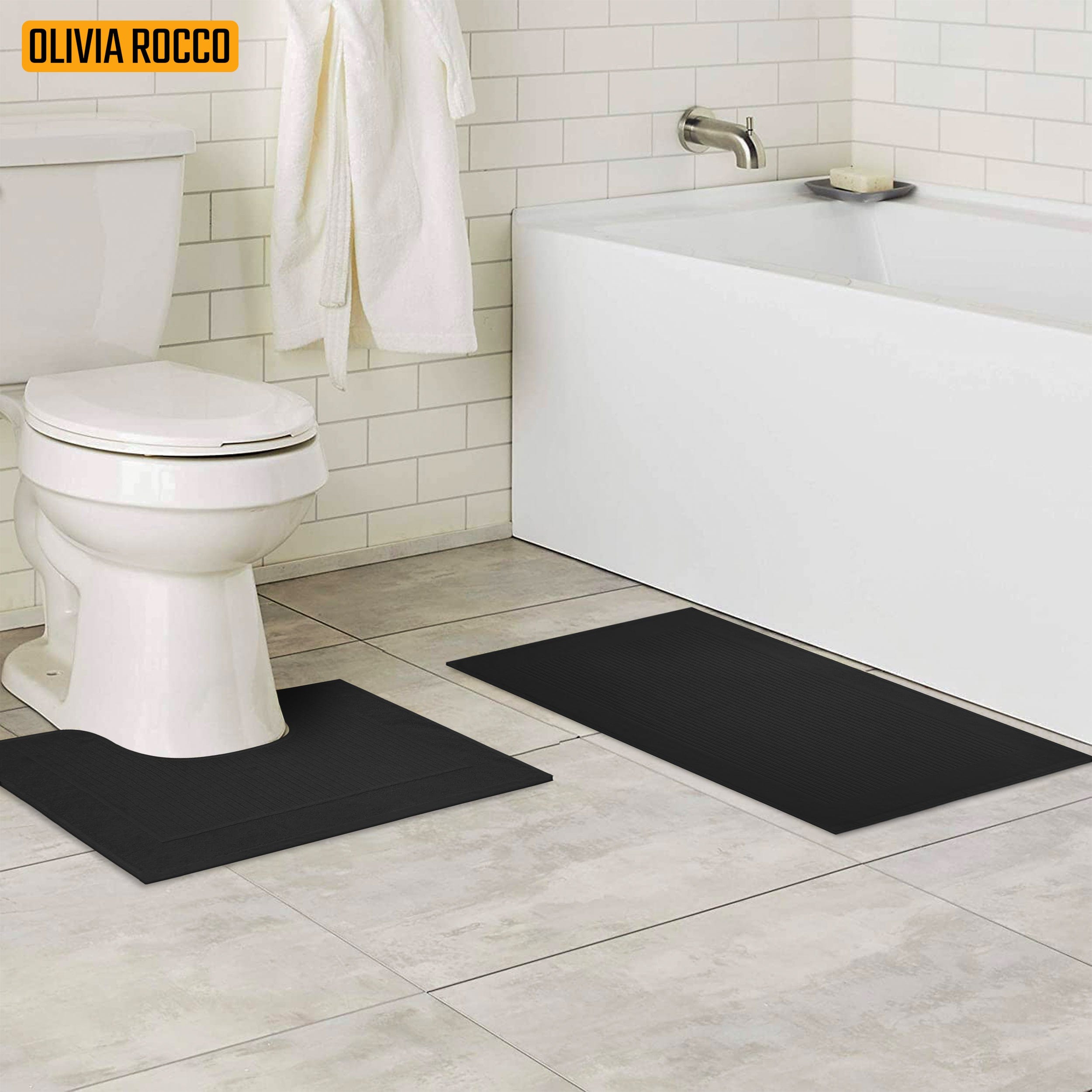 2 Piece Monaco Non Slip Bath Mat and Pedestal Set Water Absorbent Bathroom Rug Set 100 Percent Cotton Mats for Safety and Comfort