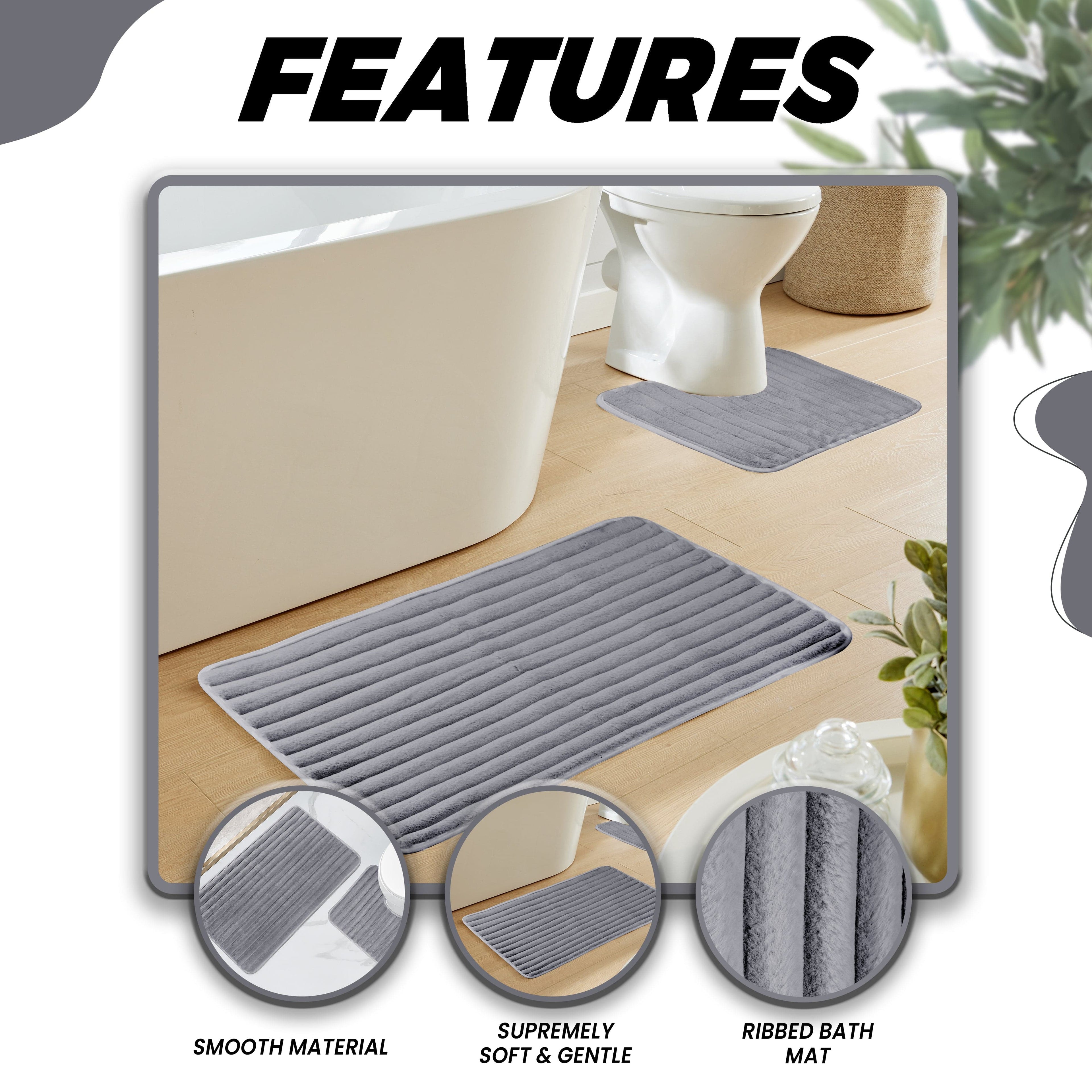 2 Piece Ribbed Bath Mat Set in Charcoal Extra Soft Non Slip Super Absorbent Bathroom & Toilet Mats Easy Care Rug