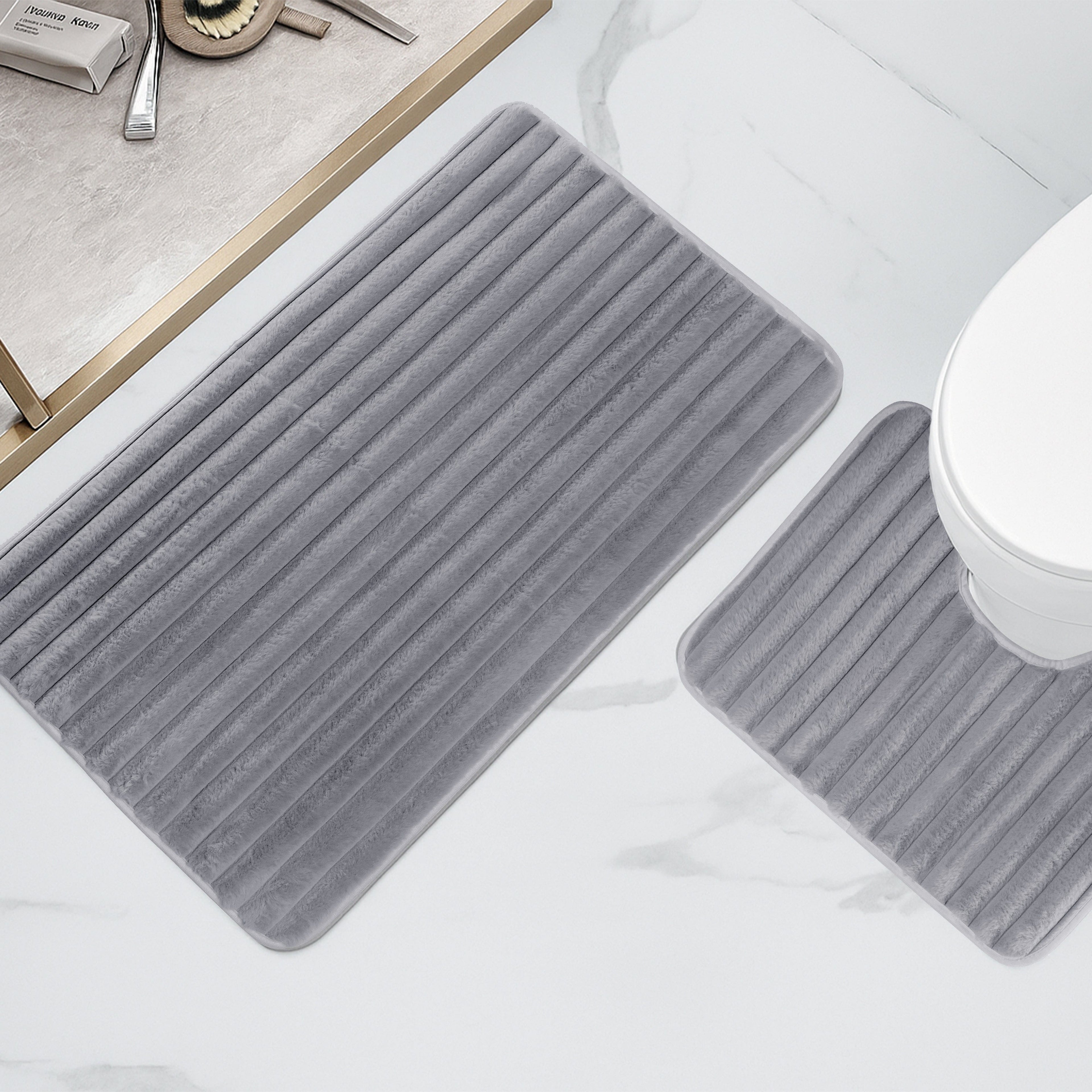 2 Piece Ribbed Bath Mat Set in Charcoal Extra Soft Non Slip Super Absorbent Bathroom & Toilet Mats Easy Care Rug