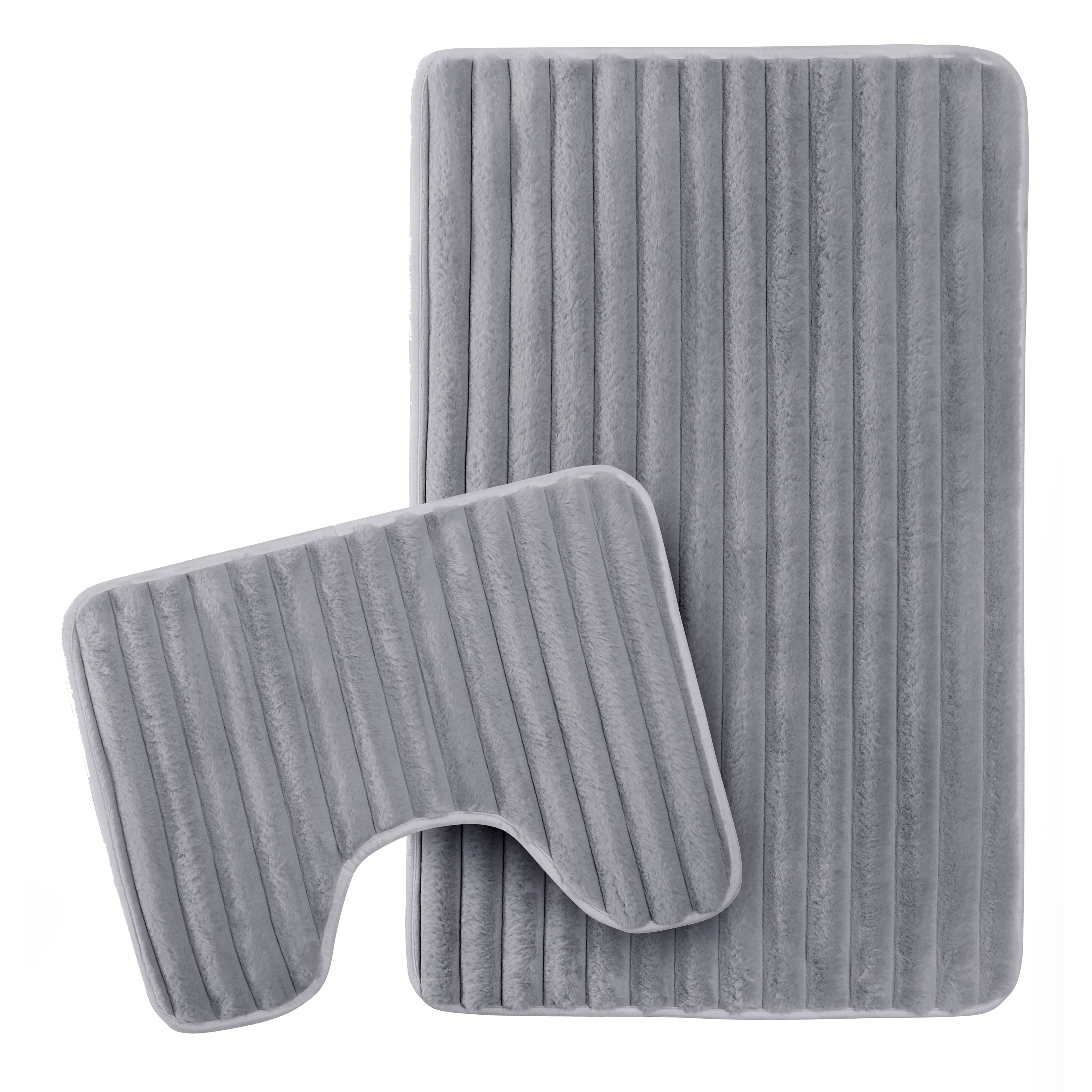 2 Piece Ribbed Bath Mat Set in Charcoal Extra Soft Non Slip Super Absorbent Bathroom & Toilet Mats Easy Care Rug