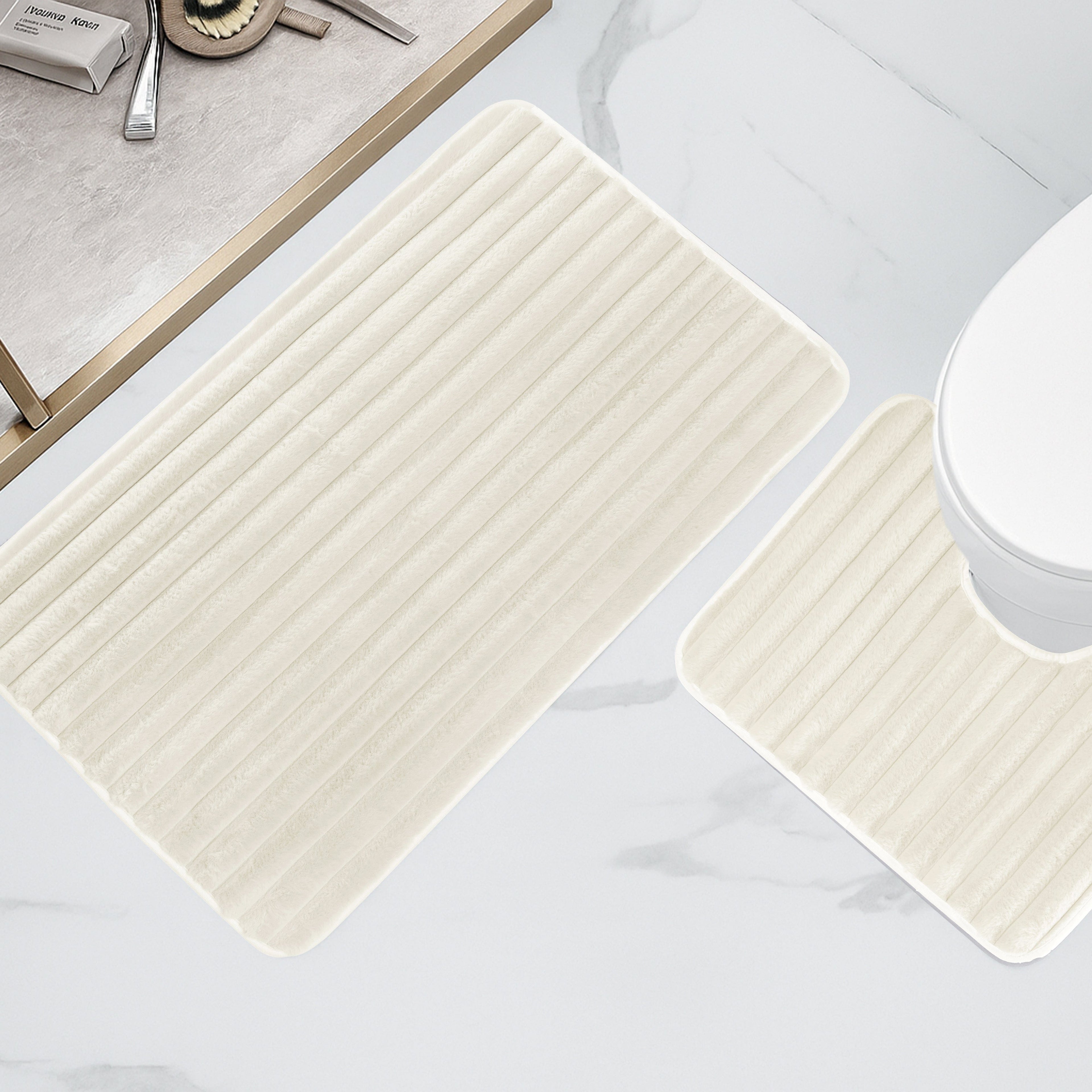 2 Piece Ribbed Bath Mat Set in Cream Extra Soft Non Slip Super Absorbent Bathroom & Toilet Mats Easy Care Rug