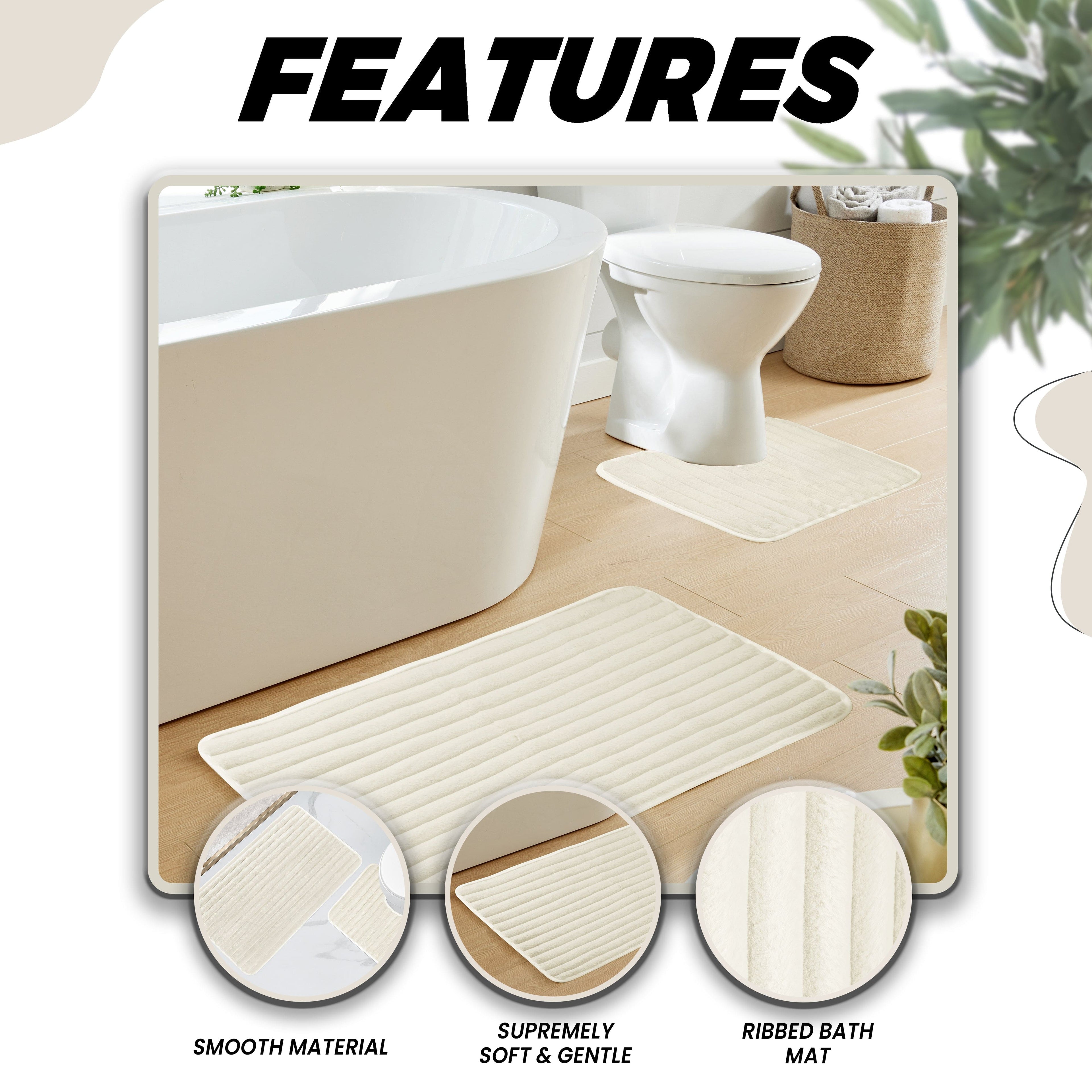 2 Piece Ribbed Bath Mat Set in Cream Extra Soft Non Slip Super Absorbent Bathroom & Toilet Mats Easy Care Rug