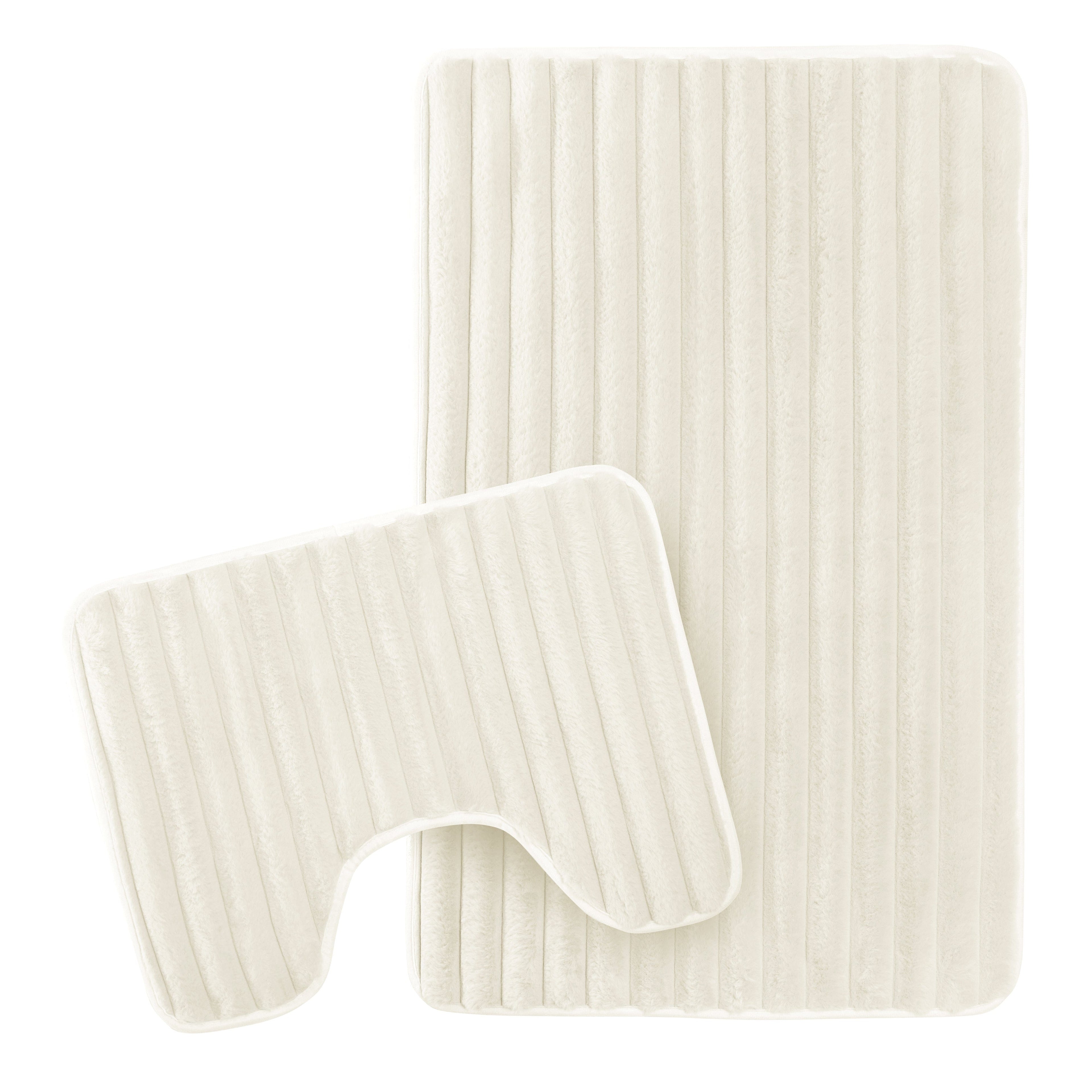 2 Piece Ribbed Bath Mat Set in Cream Extra Soft Non Slip Super Absorbent Bathroom & Toilet Mats Easy Care Rug