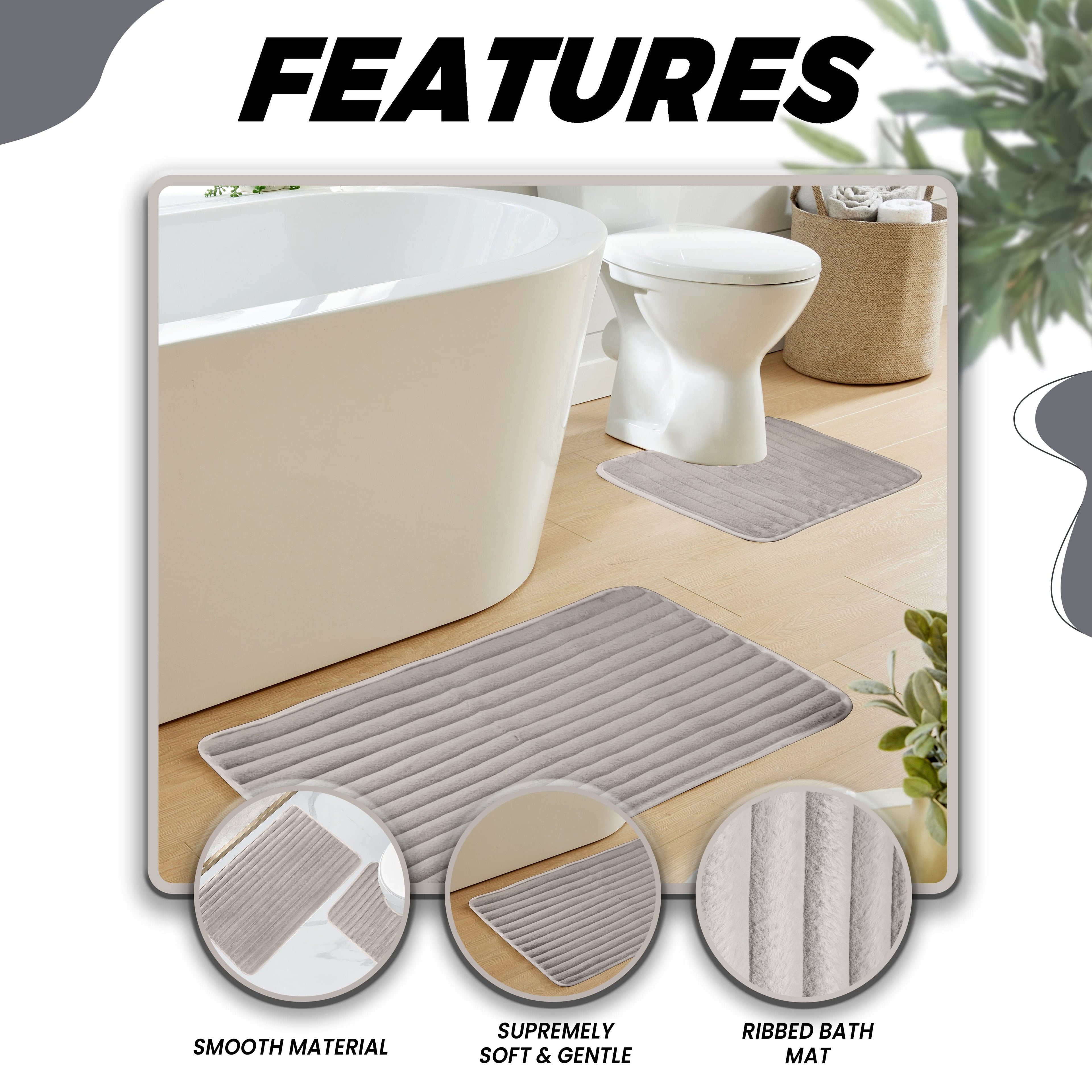 2 Piece Ribbed Bath Mat Set in Natural Extra Soft Non Slip Super Absorbent Bathroom & Toilet Mats Easy Care Rug