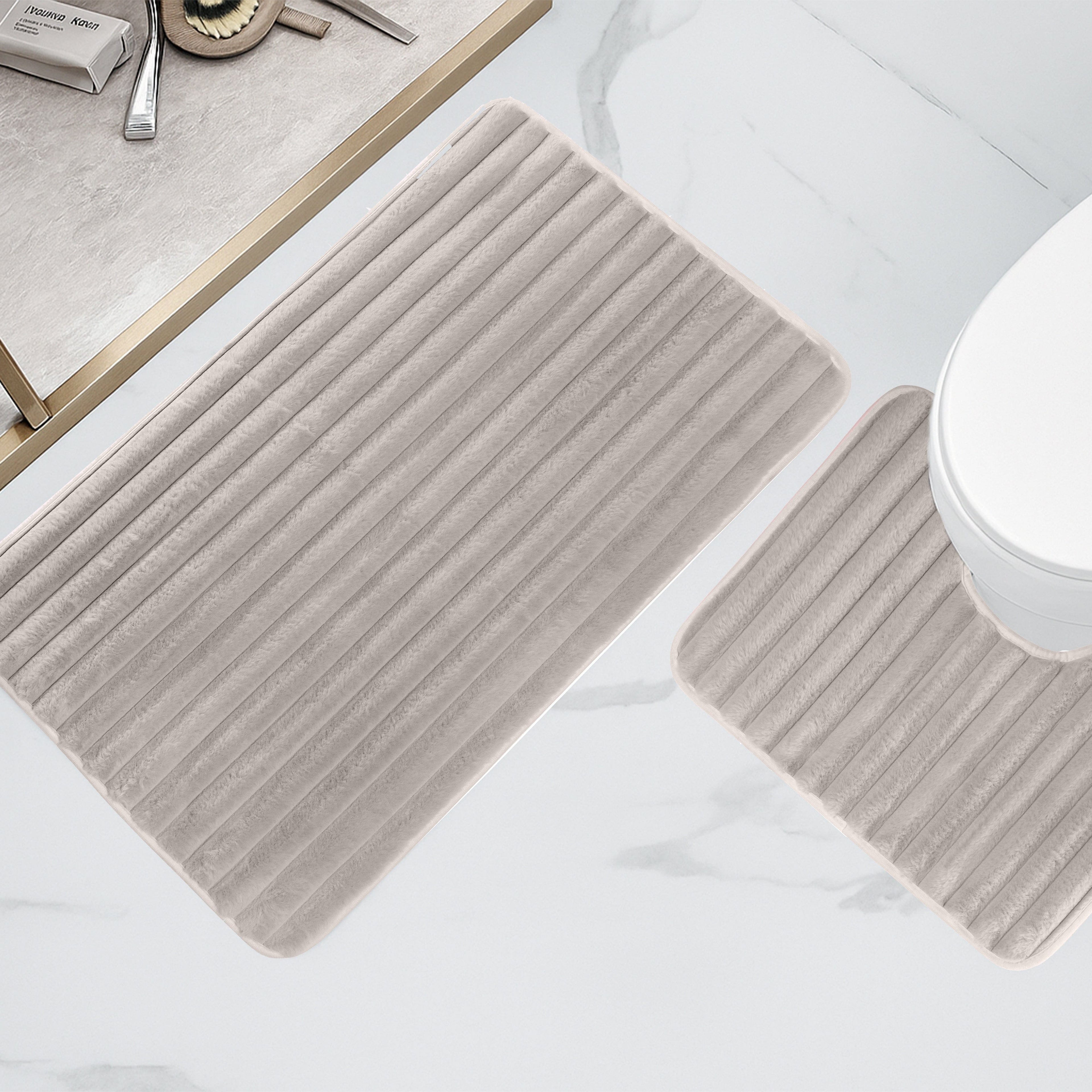 2 Piece Ribbed Bath Mat Set in Natural Extra Soft Non Slip Super Absorbent Bathroom & Toilet Mats Easy Care Rug