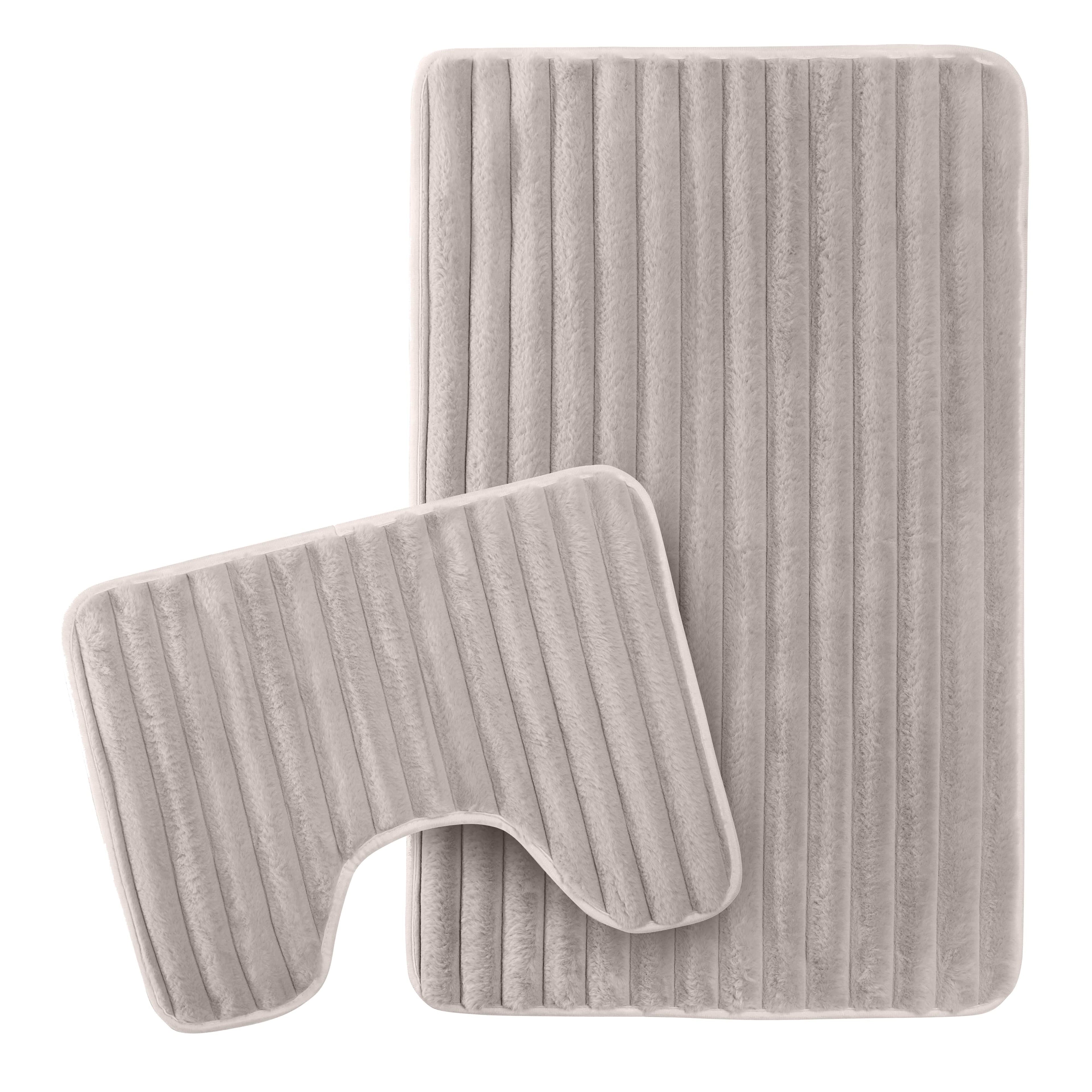 2 Piece Ribbed Bath Mat Set in Natural Extra Soft Non Slip Super Absorbent Bathroom & Toilet Mats Easy Care Rug