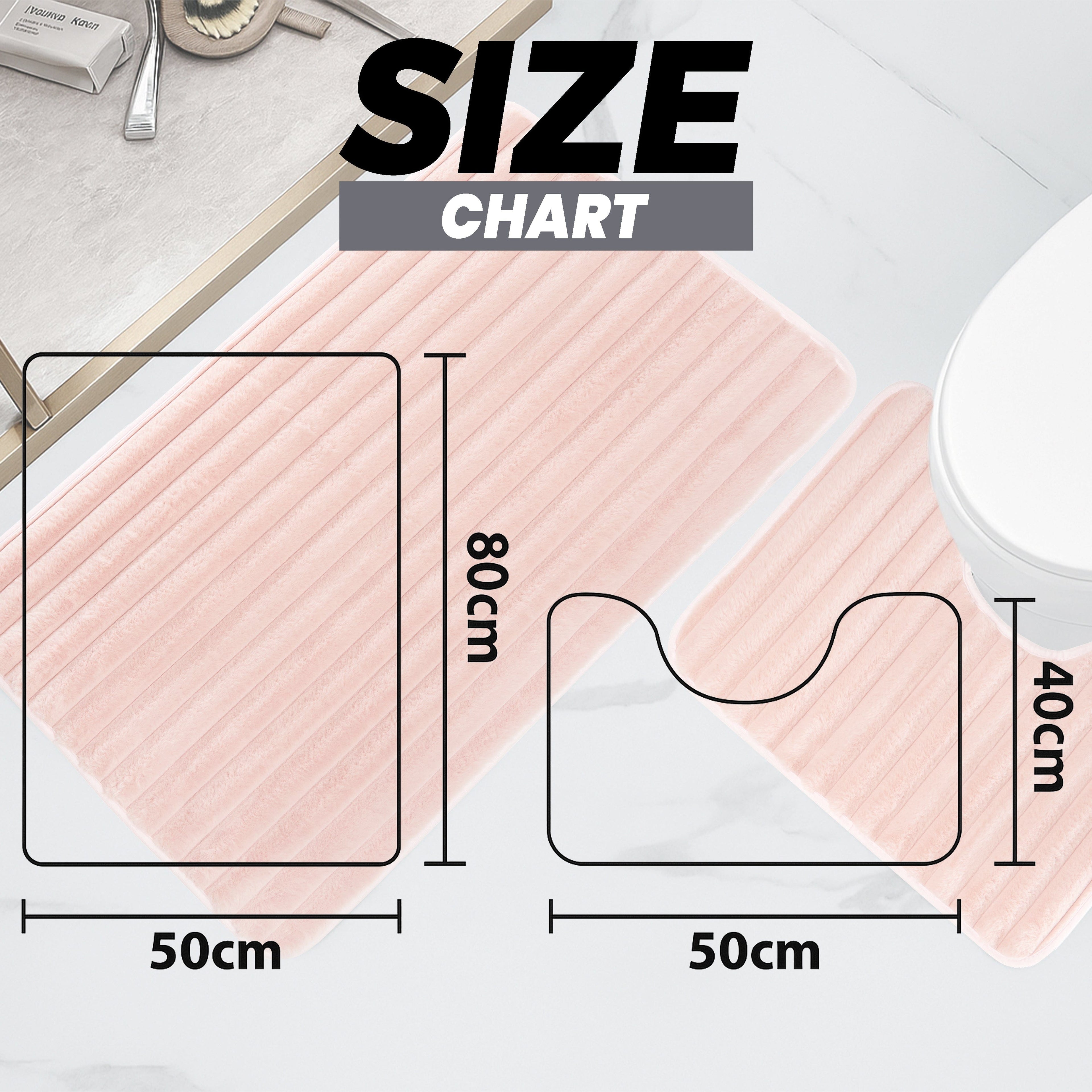 2 Piece Ribbed Bath Mat Set in Pink Extra Soft Non Slip Super Absorbent Bathroom & Toilet Mats Easy Care Rug