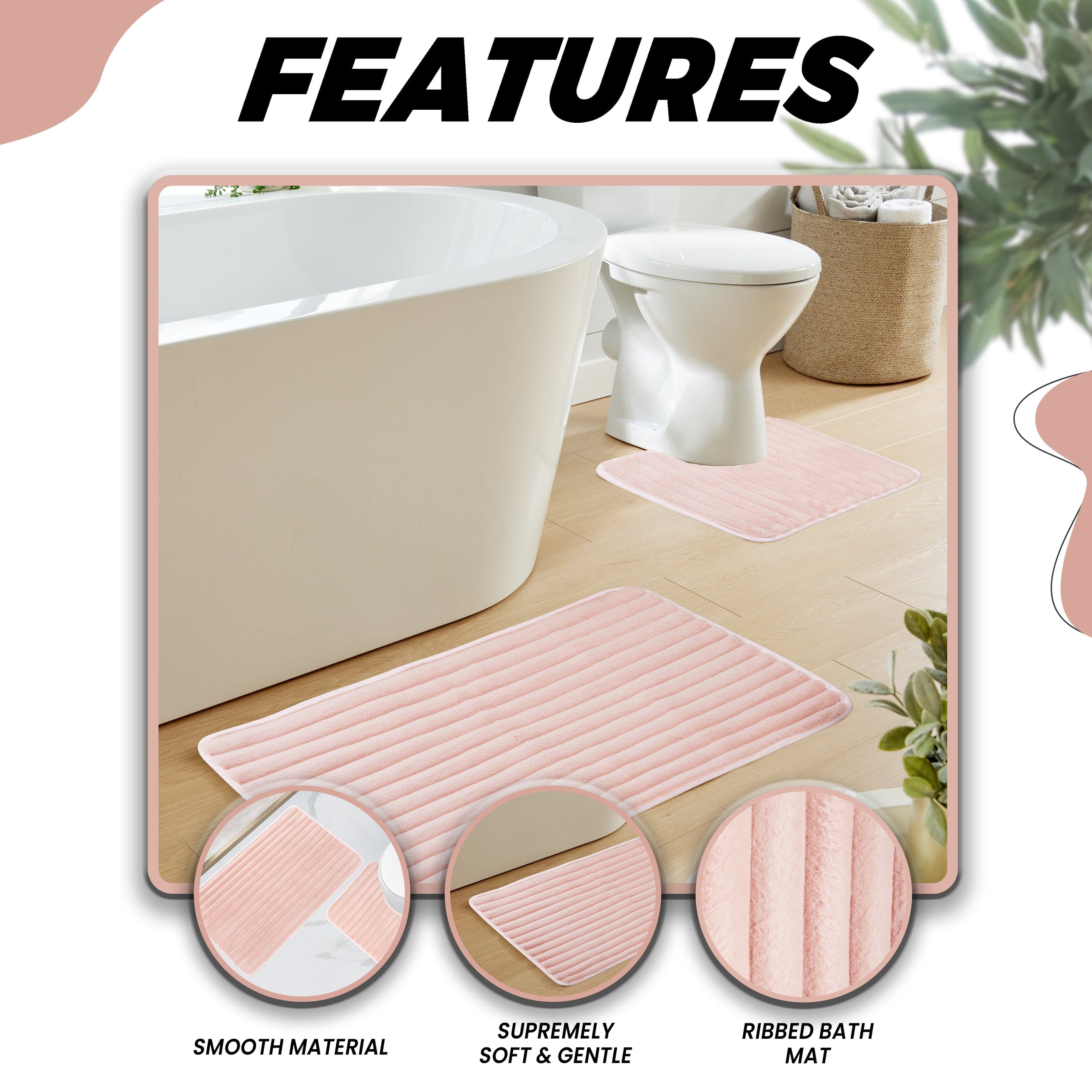 2 Piece Ribbed Bath Mat Set in Pink Extra Soft Non Slip Super Absorbent Bathroom & Toilet Mats Easy Care Rug
