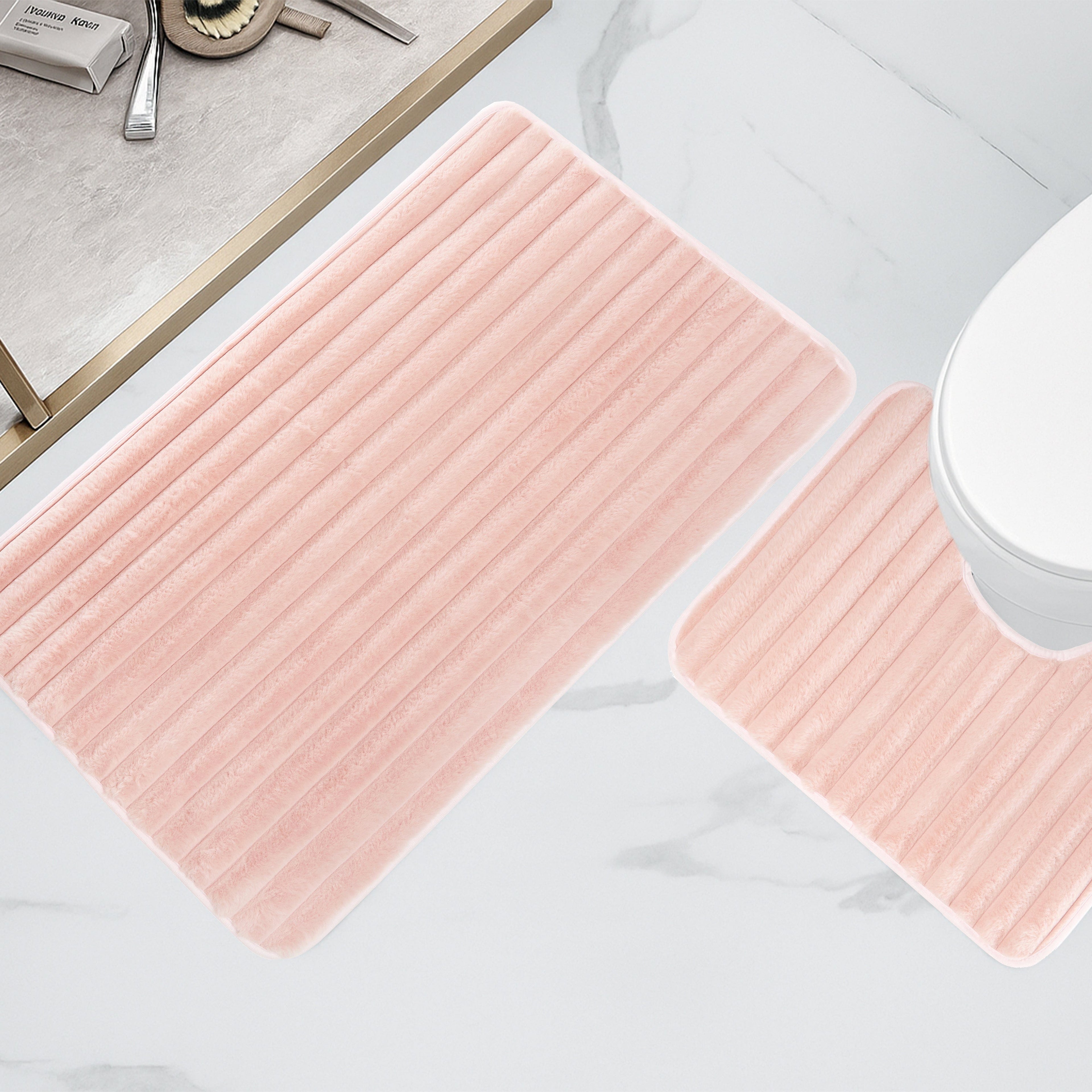 2 Piece Ribbed Bath Mat Set in Pink Extra Soft Non Slip Super Absorbent Bathroom & Toilet Mats Easy Care Rug