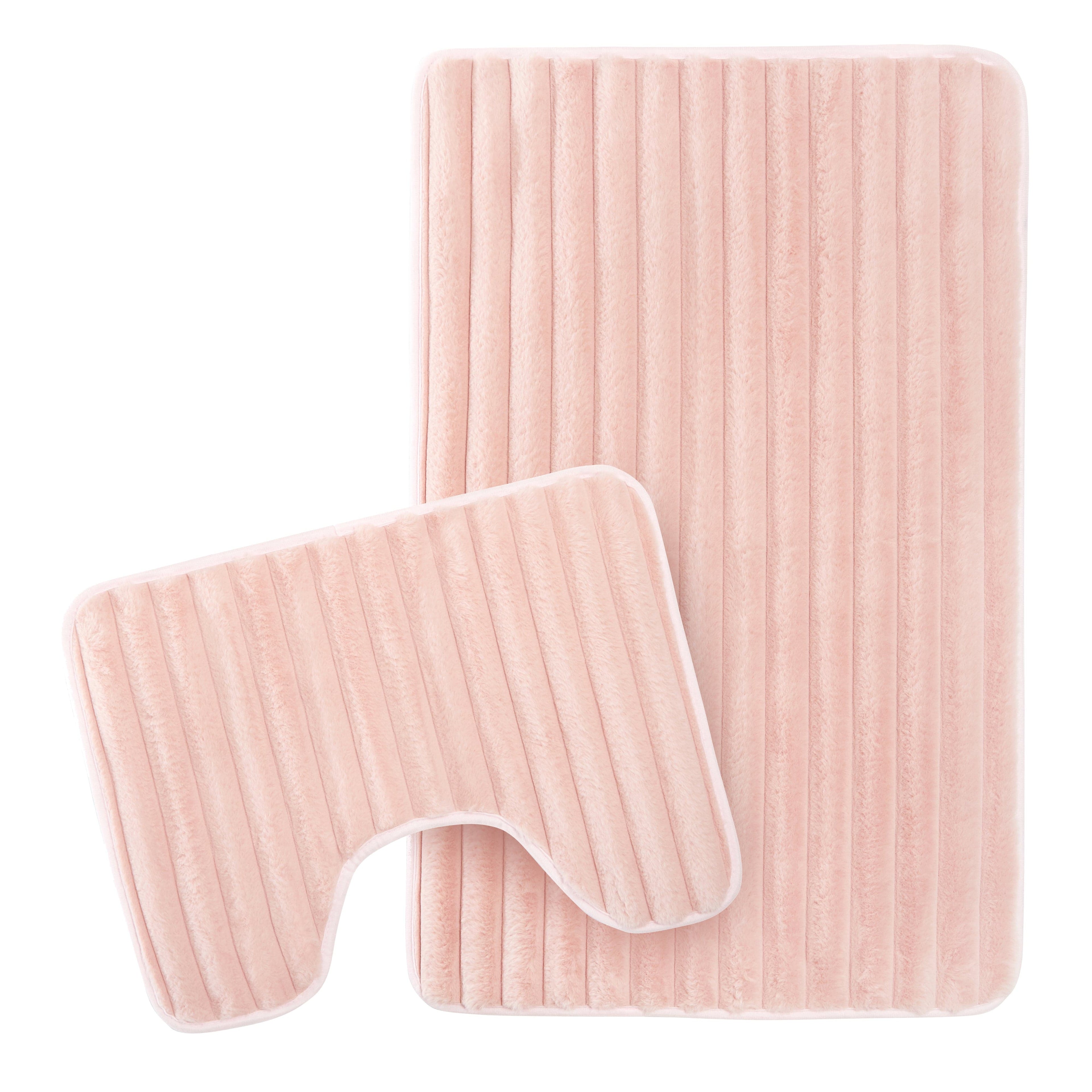 2 Piece Ribbed Bath Mat Set in Pink Extra Soft Non Slip Super Absorbent Bathroom & Toilet Mats Easy Care Rug