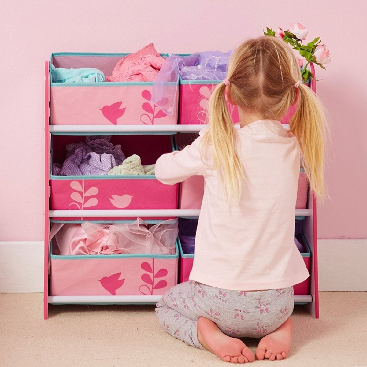 Hello Home Kids Bedroom Toy Storage Unit with 6 Fabric Storage Boxes - Flowers and Birds