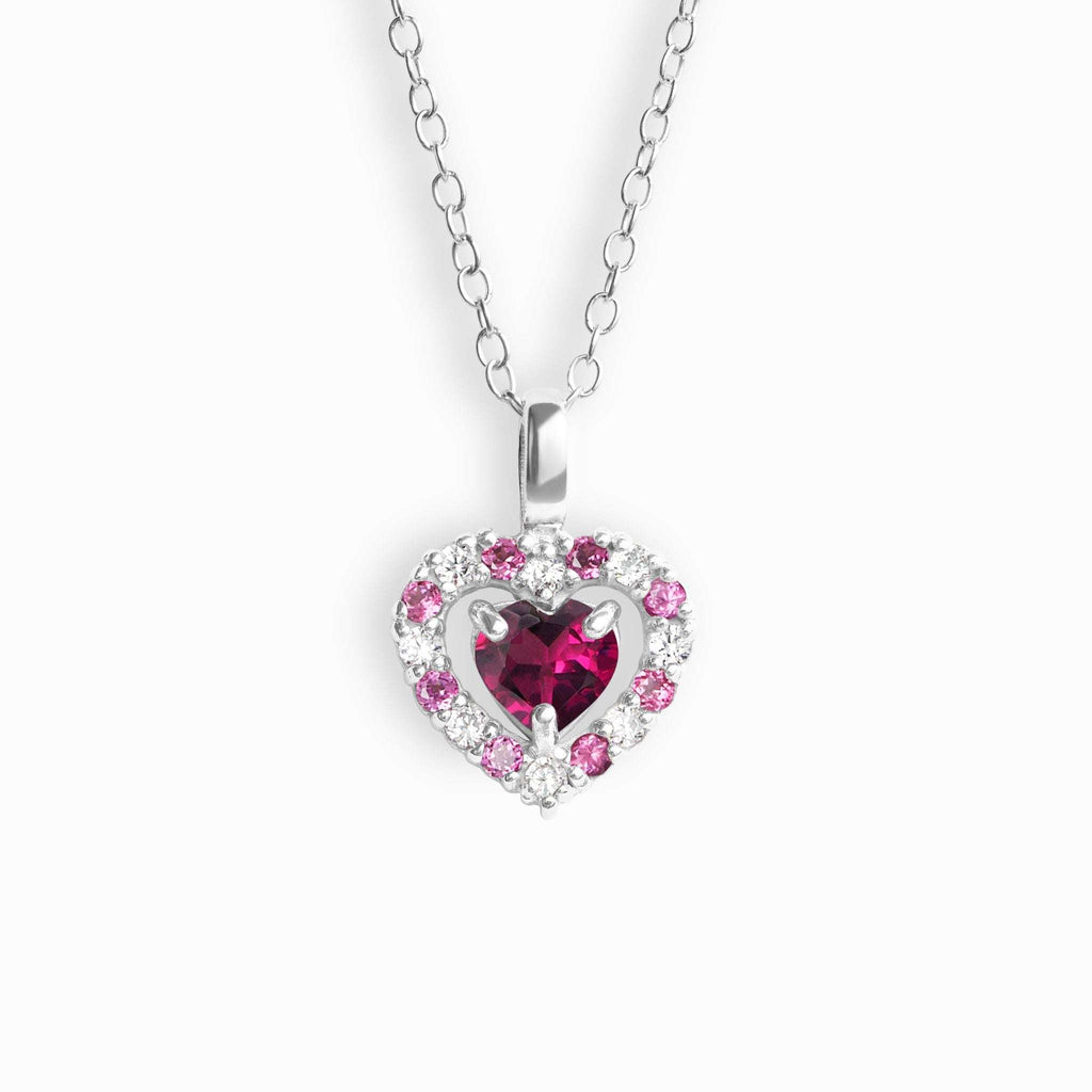 Sterling silver heart pendant necklace with pink gemstone halo and chain