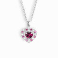 Sterling silver heart pendant necklace with pink gemstone halo and chain
