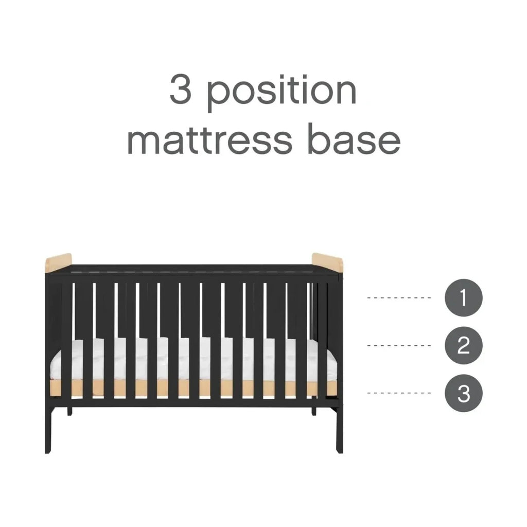 Slate cot bed showing 3 mattress base positions, with honey oak end panels
