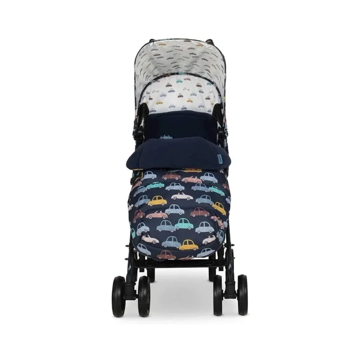 Stroller front view with car-pattern seat cover and padded footmuff, dark canopy