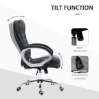 Black fabric office chair showing tilt mechanism near base and padded armrests