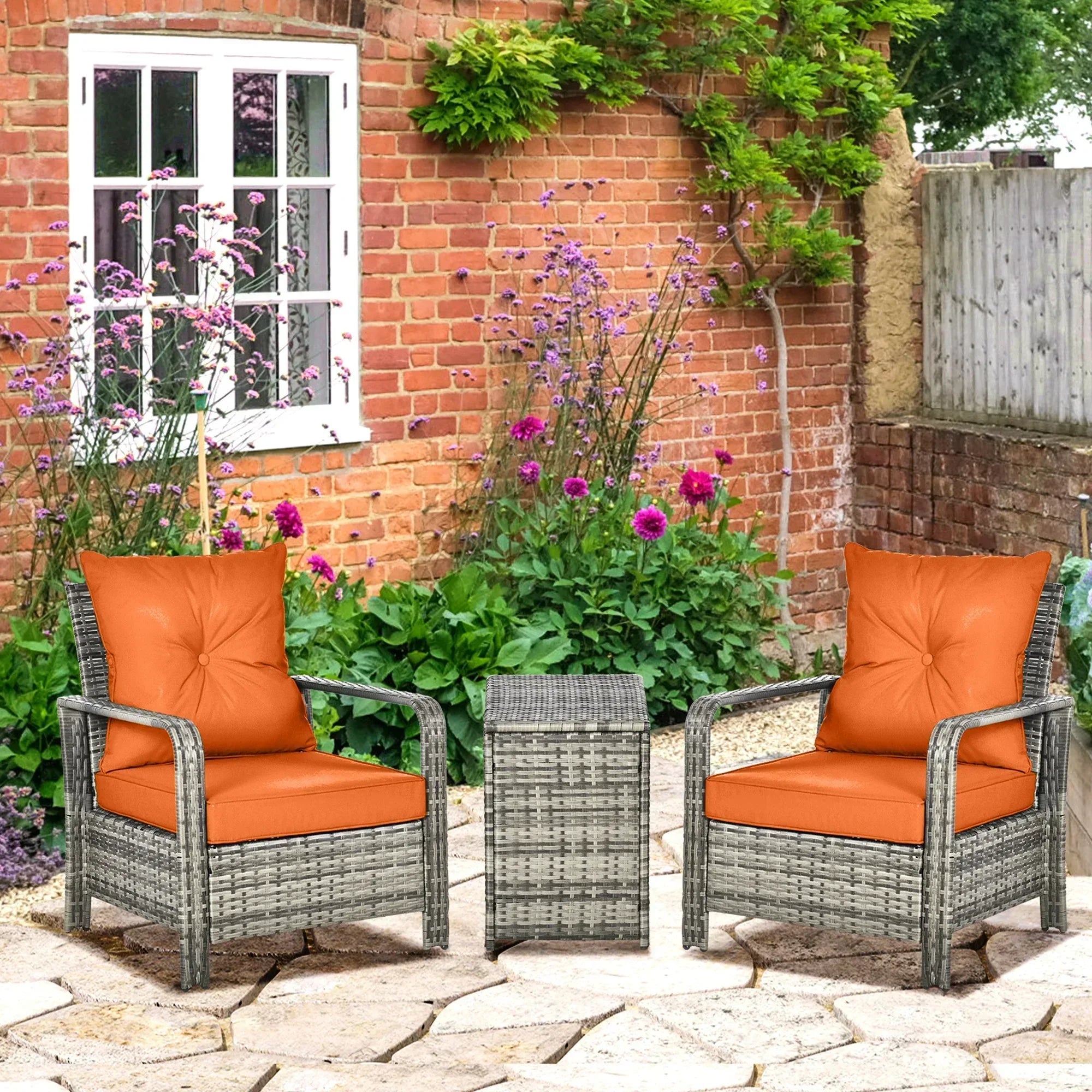 3 Pieces Rattan Bistro Set, Wicker Garden Furniture Set with Storage Coffee Table and Chairs, Thickened Cushions for Outdoor, Patio, Balcony, Orange - Bobobiy