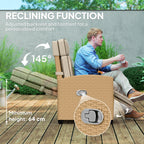 Reclining rattan armchair with beige headrest cushion and adjustable footrest