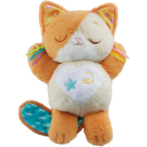 Plush orange-and-white kitten toy with closed eyes and stitched star-and-moon belly