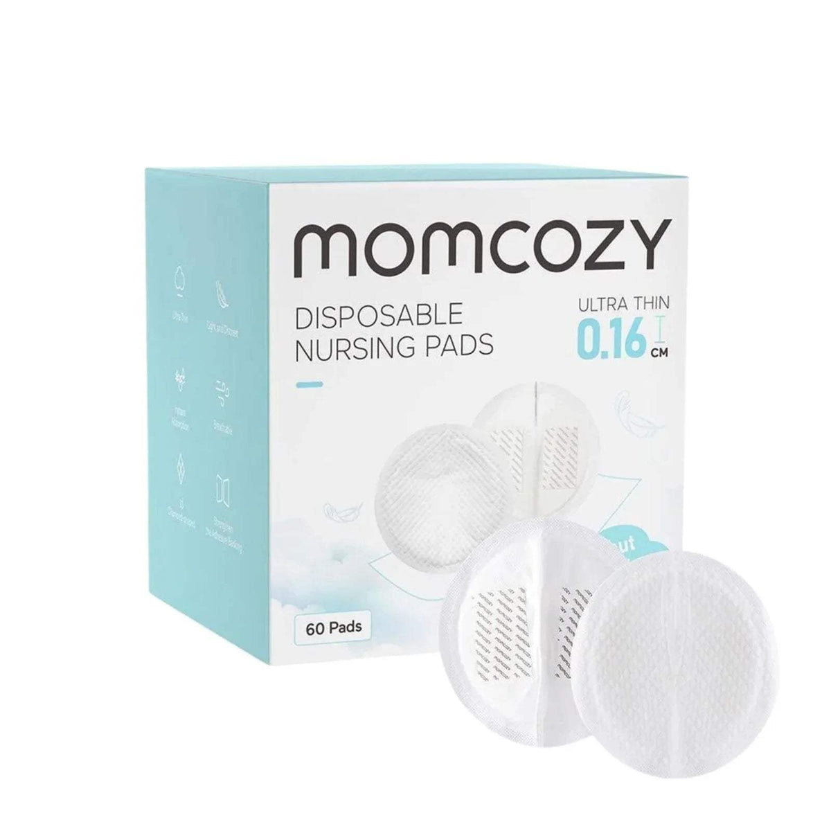 Disposable nursing pads box with two round white pads, ultra-thin and vented