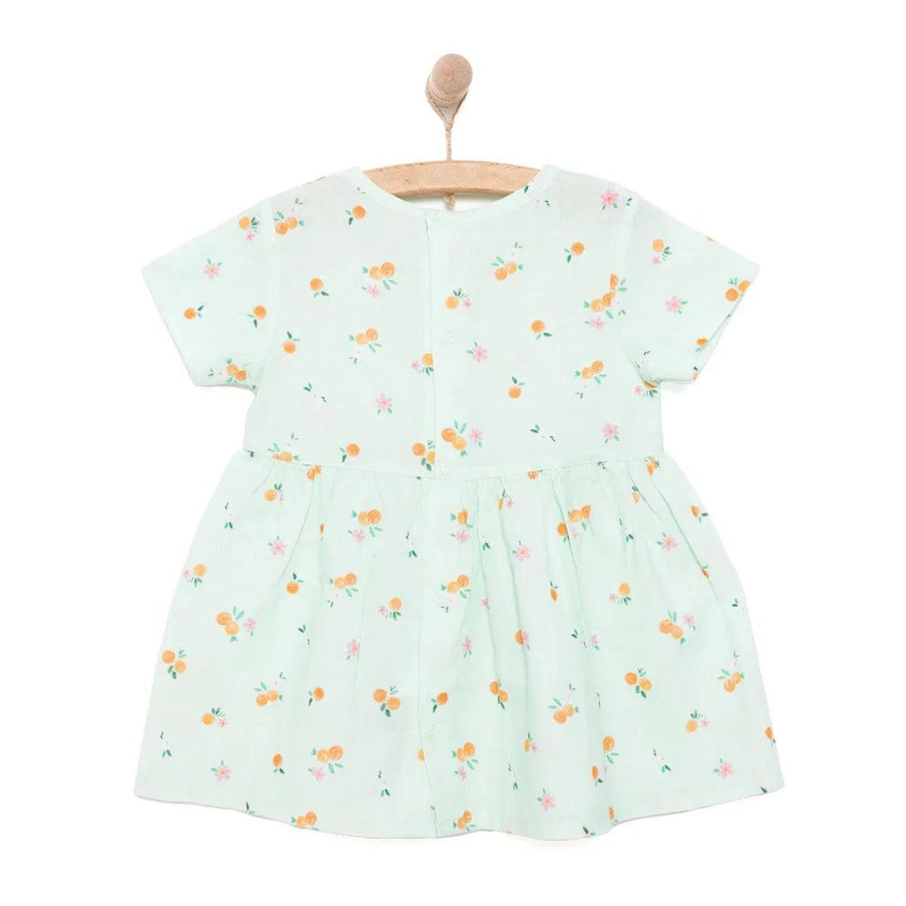 Light blue woven baby dress with allover floral print and pleated skirt