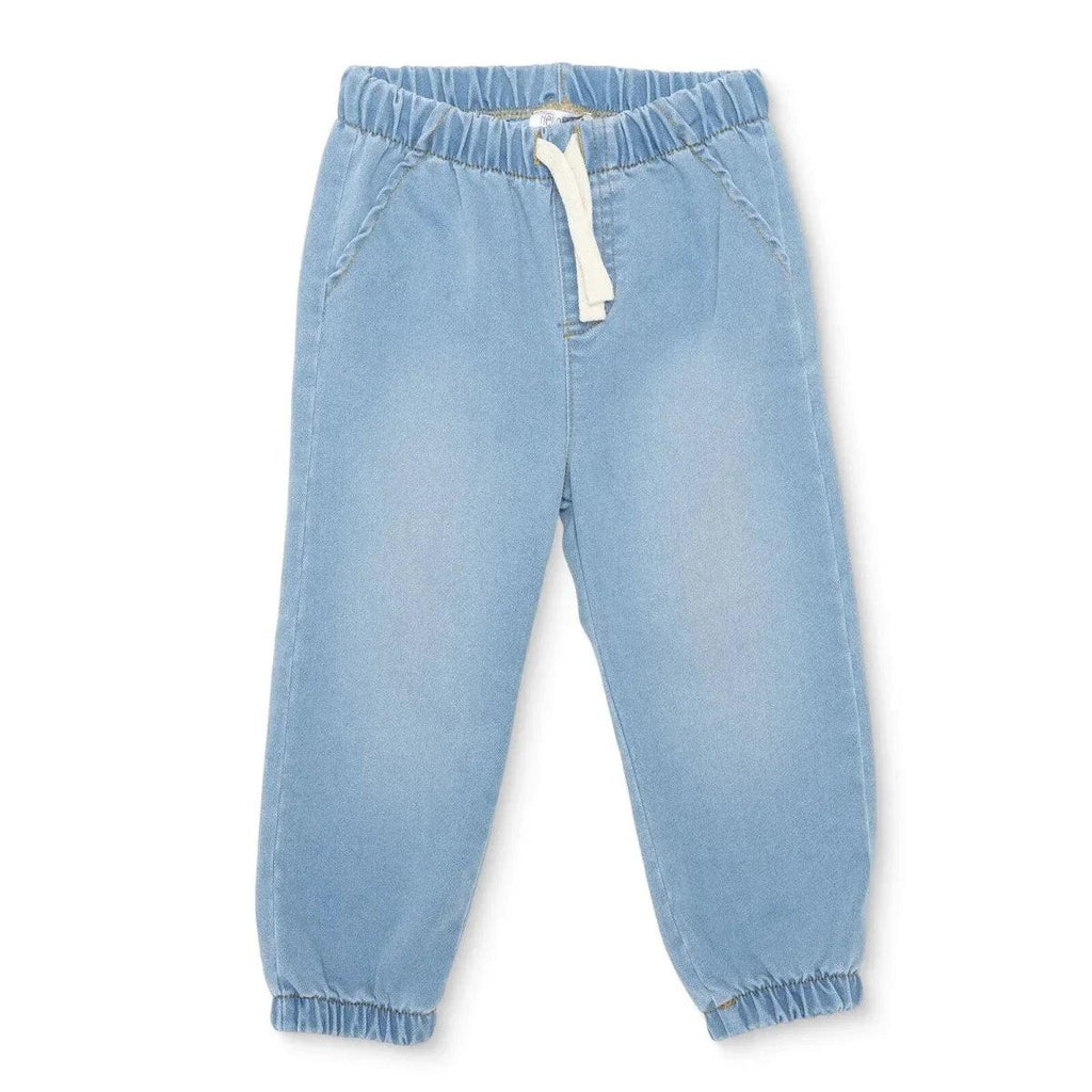 Light blue denim baby trousers with elasticated waist and tapered legs