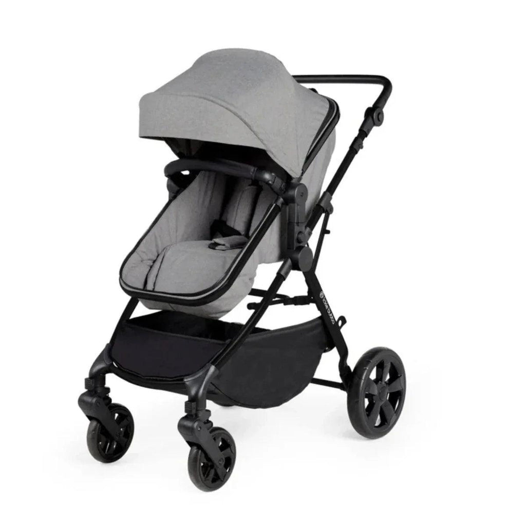 Space grey stroller seat with canopy in angled view; padded inner and black wheel frame