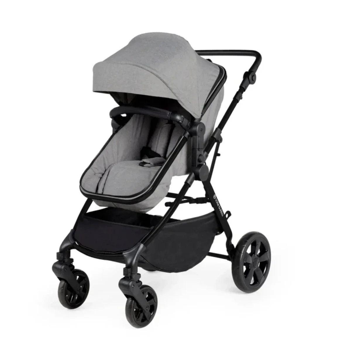 Space grey stroller seat with canopy in angled view; padded inner and black wheel frame