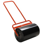 Red steel fillable lawn roller with black cylindrical drum and U-shaped handle frame