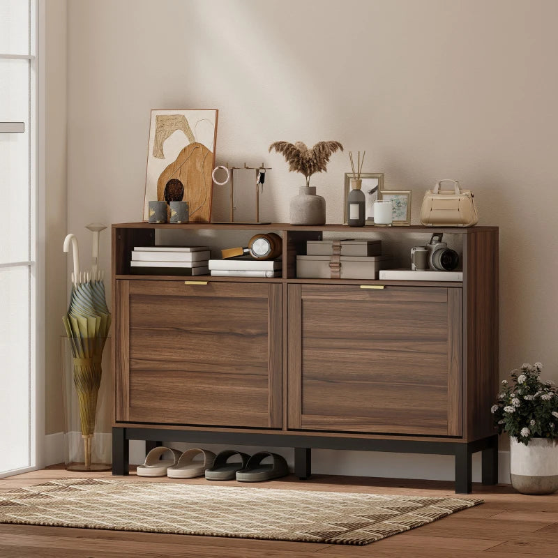 Rustic brown shoe cabinet with two closed drawers and shoes stored on the lower shelf