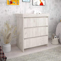 White baby changing unit with two open shelves and horizontal rail, light wood grain
