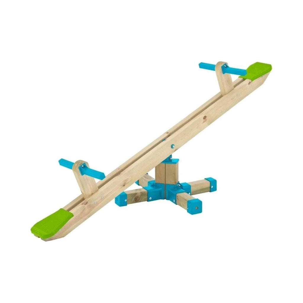 Wooden seesaw toy with blue blocks and green seats, angled beam design