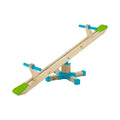 Wooden seesaw toy with blue blocks and green seats, angled beam design