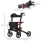 Red and black rollator walker with seat and backrest, shown with size measurements