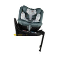 Infant car seat with teal fabric and animal-forest patterned inner headrest cushions